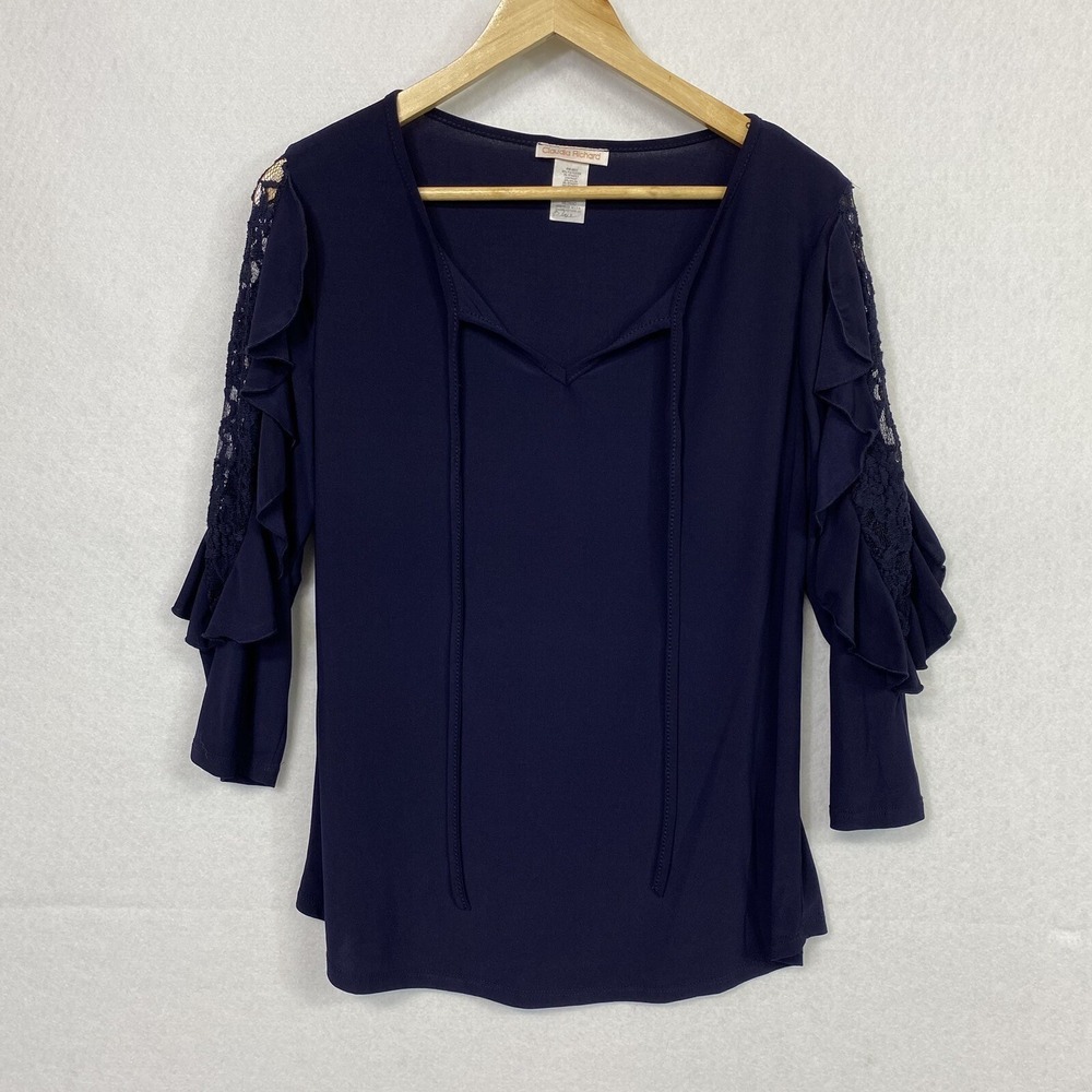 Claudia Richard Blouse Women’s Medium Lace Ruffle Sleeves 90s Y2K Navy Blue